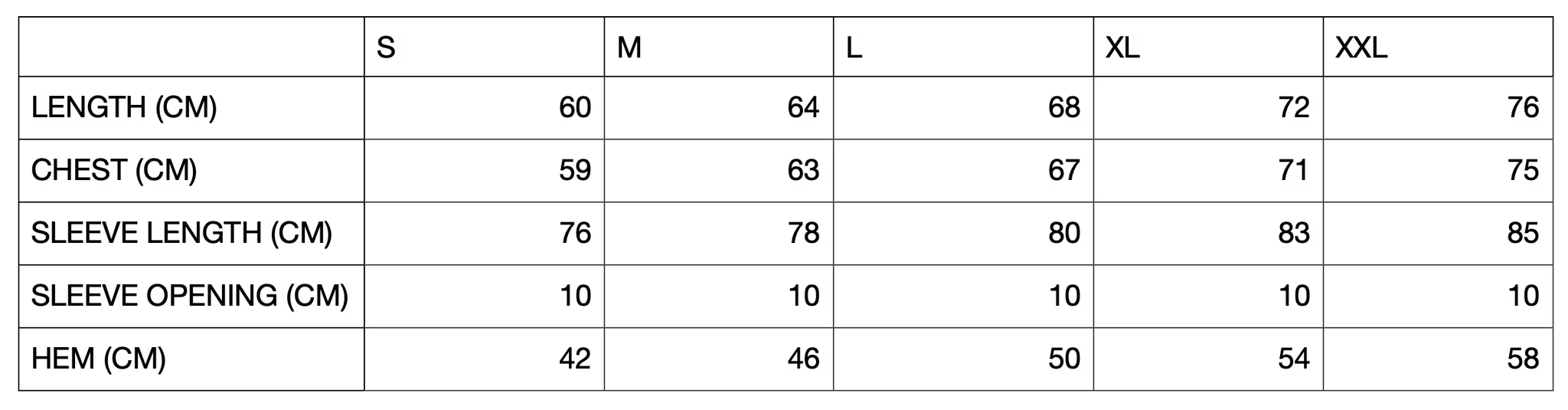SIZE CHART
